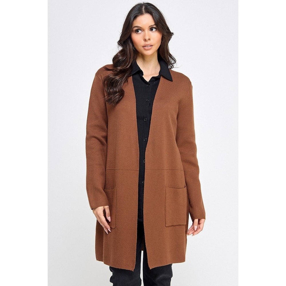 Womens‎ Longline Cardigan Brown Open Front Knit Pockets Small